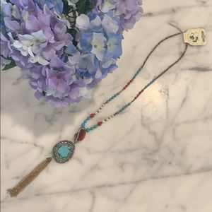 Beaded gold fringe necklace w turquoise earrings